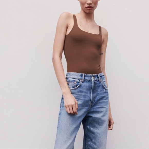 Zara fitted stretching bodysuit square neckline,brown, designer - Picture 6 of 12